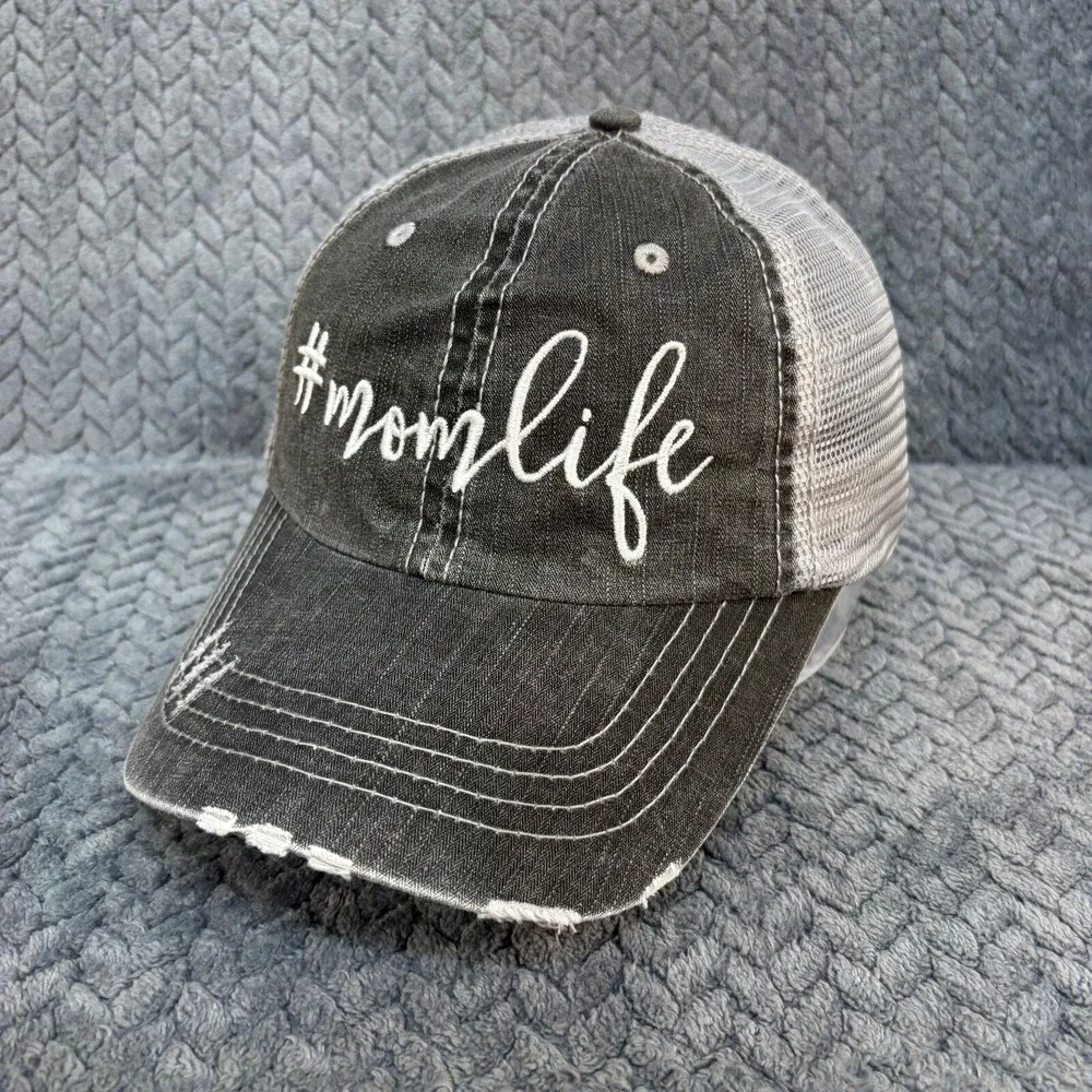 Unbranded #Momlife Snapback OS Washed Black Denim Grey Mesh Trucker Hat